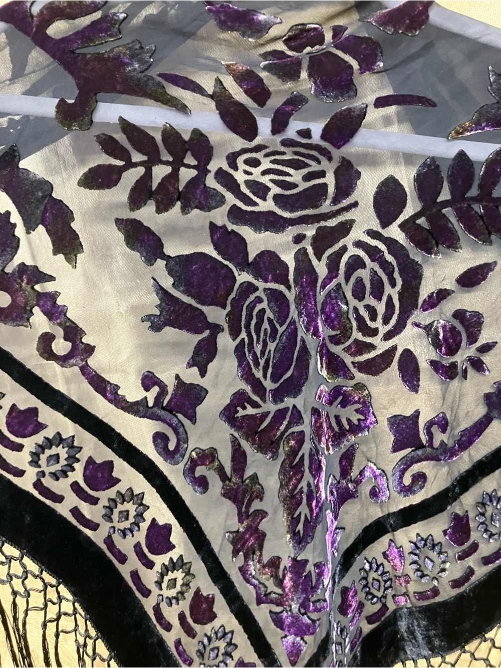Black & Purple Burn-out Velvet Floral Fringe Shawl - Picture 3 of 4